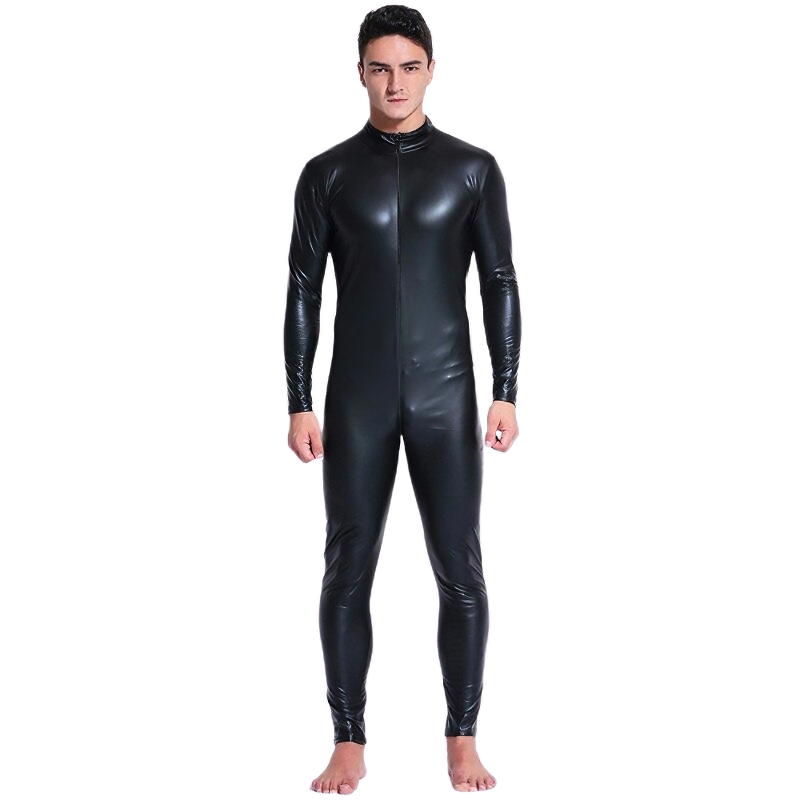 Men's Black Wetlook Erotic Bodysuit / Fetish Faux Leather Wear With Open Crotch - EVE's SECRETS