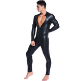 Men's Black Wetlook Erotic Bodysuit / Fetish Faux Leather Wear With Open Crotch - EVE's SECRETS