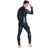 Men's Black Wetlook Erotic Bodysuit / Fetish Faux Leather Wear With Open Crotch - EVE's SECRETS