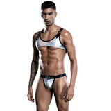Crop Top et slips pour hommes avec sangles à boucle / Clubwear sexy masculin en couleur argent holographique