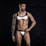 Men's Crop Top and Briefs with Buckle Straps / Male Sexy Clubwear in Holographic Silver Color - EVE's SECRETS