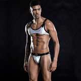 Men's Crop Top and Briefs with Buckle Straps / Male Sexy Clubwear in Holographic Silver Color - EVE's SECRETS