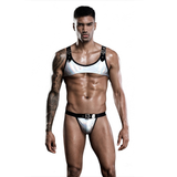 Men's Crop Top and Briefs with Buckle Straps / Male Sexy Clubwear in Holographic Silver Color - EVE's SECRETS