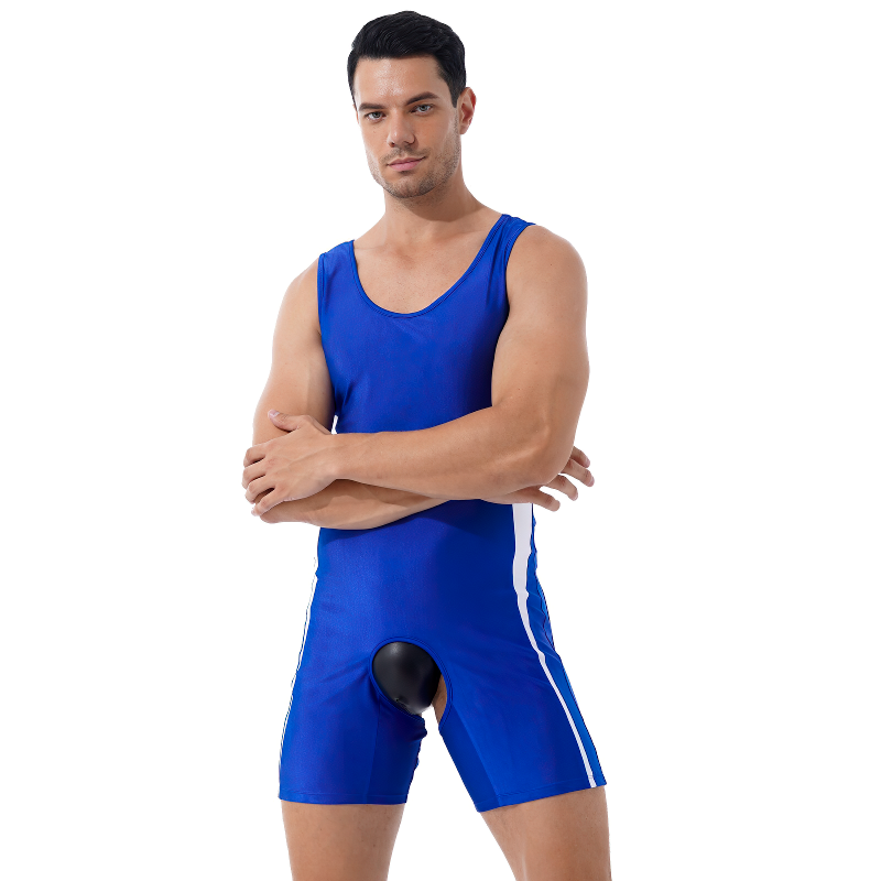 Men's Erotic U Neck Sleeveless Bodysuit / Crotchless Open Butt Leotard Patchwork Bodycon - EVE's SECRETS