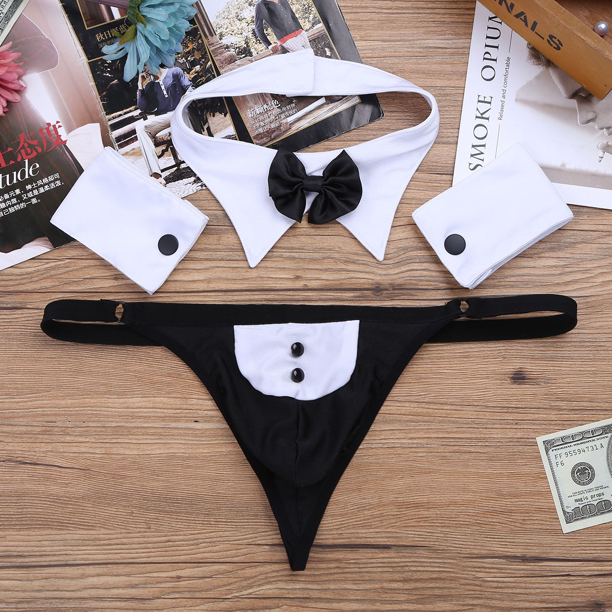 Men's Exotic Lingerie Set / Bowknot Tie Sexy Thong with Bracelets / Male Underwear Costume - EVE's SECRETS