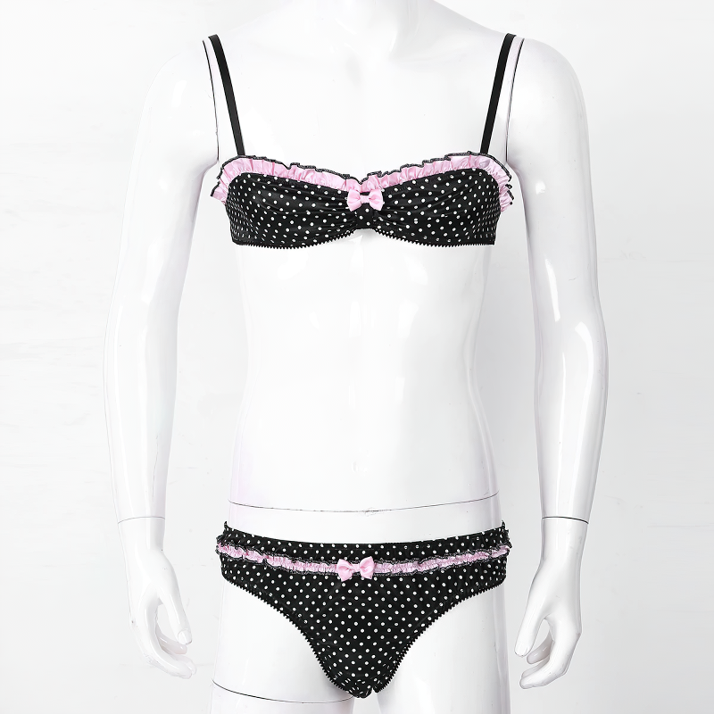 Men's Exotic Lingerie Set / Spaghetti Straps Ruffles Bra Top With Underwear Panties - EVE's SECRETS