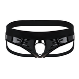 Herren-Slips aus Kunstleder mit offenem Rücken / Sexy Hollow-Out-Jockstrap-Unterwäsche mit Metall-O-Ring