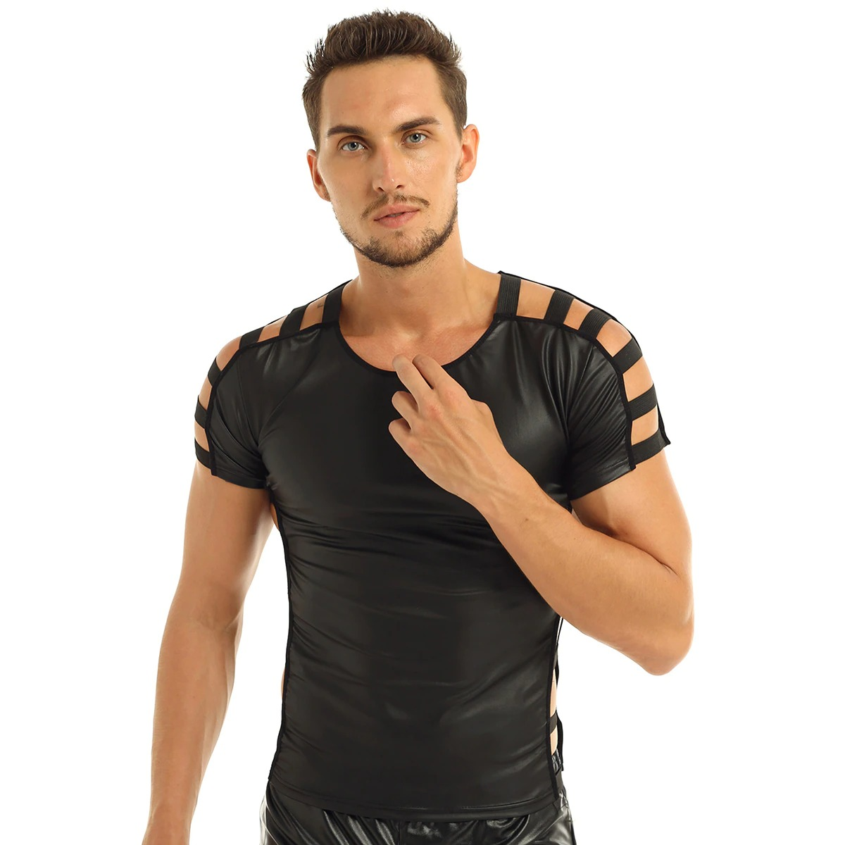 Men's Faux Leather Short Sleeve Round Neck T-Shirt / Fashion Elastic Black Muscle T-shirts - EVE's SECRETS