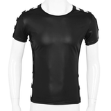 Men's Faux Leather Short Sleeve Round Neck T-Shirt / Fashion Elastic Black Muscle T-shirts - EVE's SECRETS