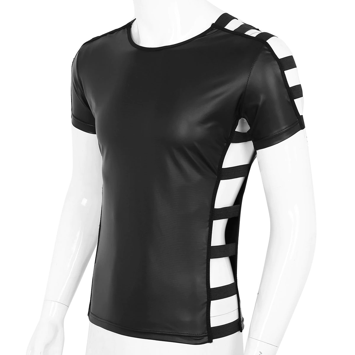 Men's Faux Leather Short Sleeve Round Neck T-Shirt / Fashion Elastic Black Muscle T-shirts - EVE's SECRETS