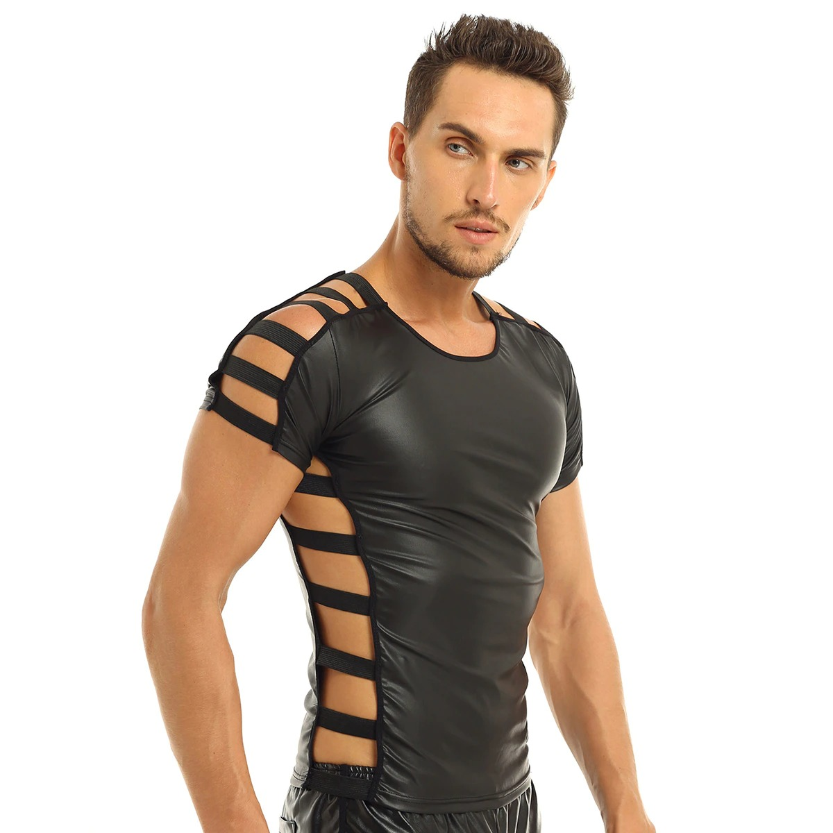 Men's Faux Leather Short Sleeve Round Neck T-Shirt / Fashion Elastic Black Muscle T-shirts - EVE's SECRETS