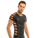 Men's Faux Leather Short Sleeve Round Neck T-Shirt / Fashion Elastic Black Muscle T-shirts - EVE's SECRETS