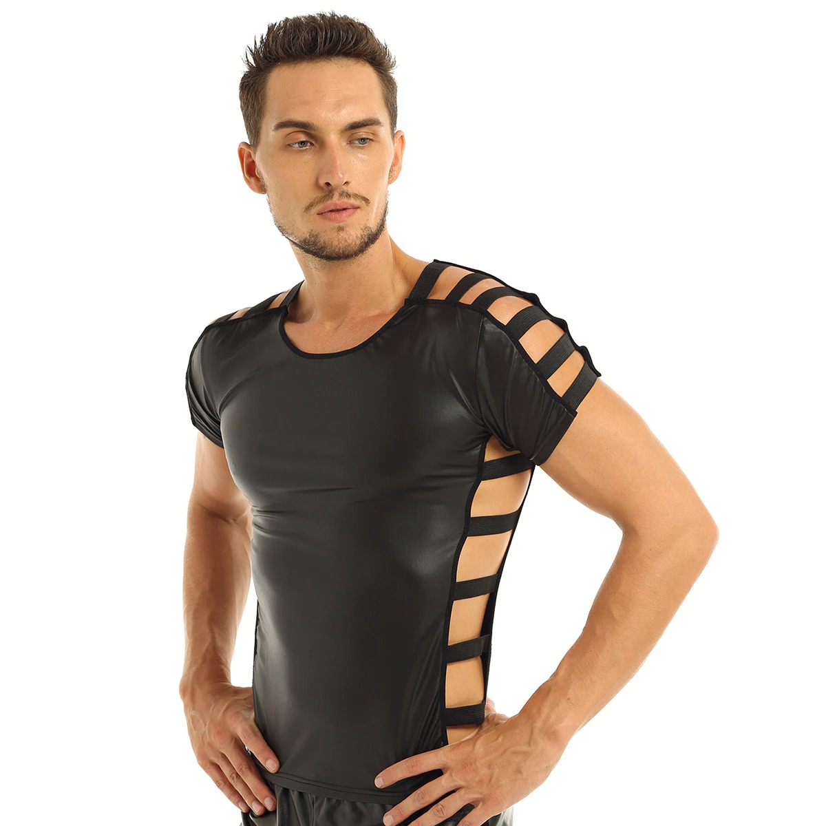 Men's Faux Leather Short Sleeve Round Neck T-Shirt / Fashion Elastic Black Muscle T-shirts - EVE's SECRETS