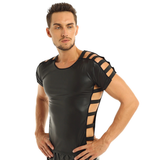 Men's Faux Leather Short Sleeve Round Neck T-Shirt / Fashion Elastic Black Muscle T-shirts - EVE's SECRETS