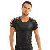 Herren-T-Shirt aus Kunstleder mit kurzen Ärmeln und Rundhalsausschnitt / modisches elastisches schwarzes Muskel-T-Shirt