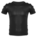 Men's Faux Leather Short Sleeve Round Neck T-Shirt / Fashion Elastic Black Muscle T-shirts - EVE's SECRETS