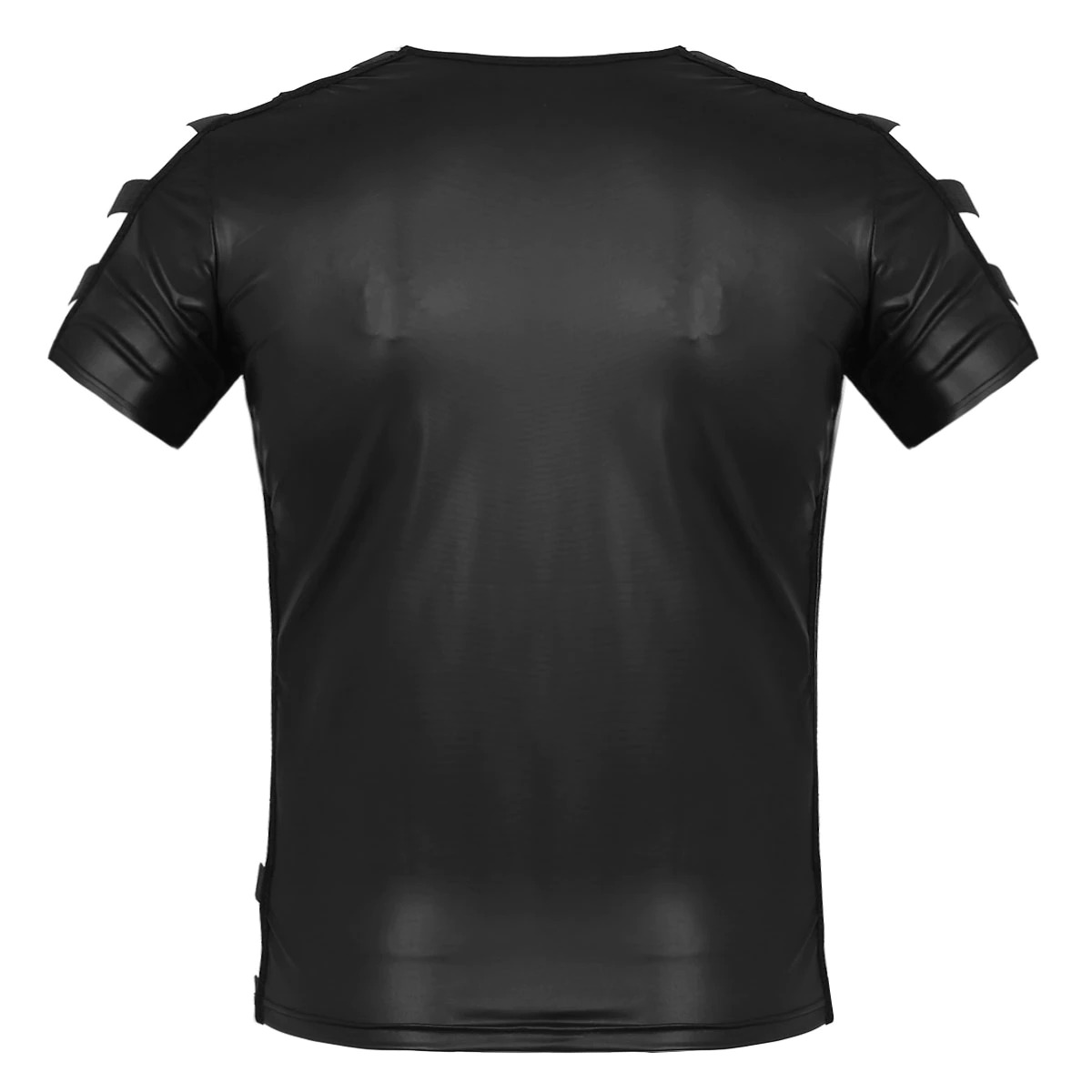 Men's Faux Leather Short Sleeve Round Neck T-Shirt / Fashion Elastic Black Muscle T-shirts - EVE's SECRETS