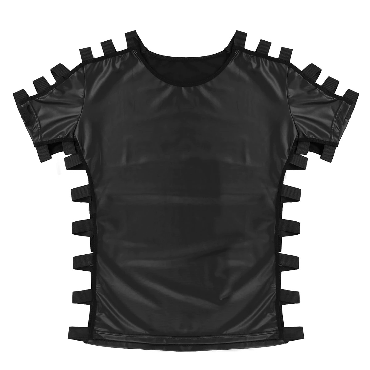 Men's Faux Leather Short Sleeve Round Neck T-Shirt / Fashion Elastic Black Muscle T-shirts - EVE's SECRETS