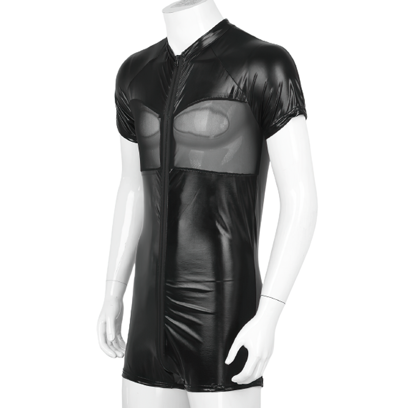 Men's Shiny Metallic Fashion Costumes / See-Through Open Butt Patchwork Bodysuit - EVE's SECRETS