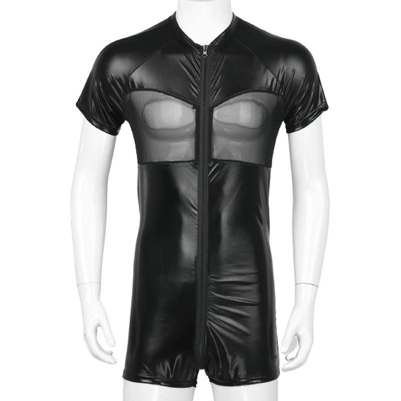 Men's Shiny Metallic Fashion Costumes / See-Through Open Butt Patchwork Bodysuit - EVE's SECRETS