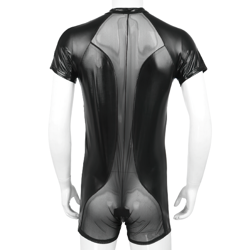 Men's Shiny Metallic Fashion Costumes / See-Through Open Butt Patchwork Bodysuit - EVE's SECRETS