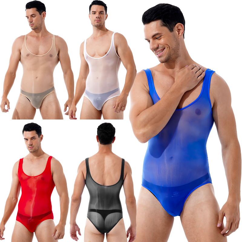 Men's Glossy Breathable Scoop Neck Swimsuit / Sleeveless See-Through Nylon Bodysuit Underwear - EVE's SECRETS