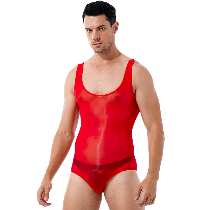 Men's Glossy Breathable Scoop Neck Swimsuit / Sleeveless See-Through Nylon Bodysuit Underwear - EVE's SECRETS
