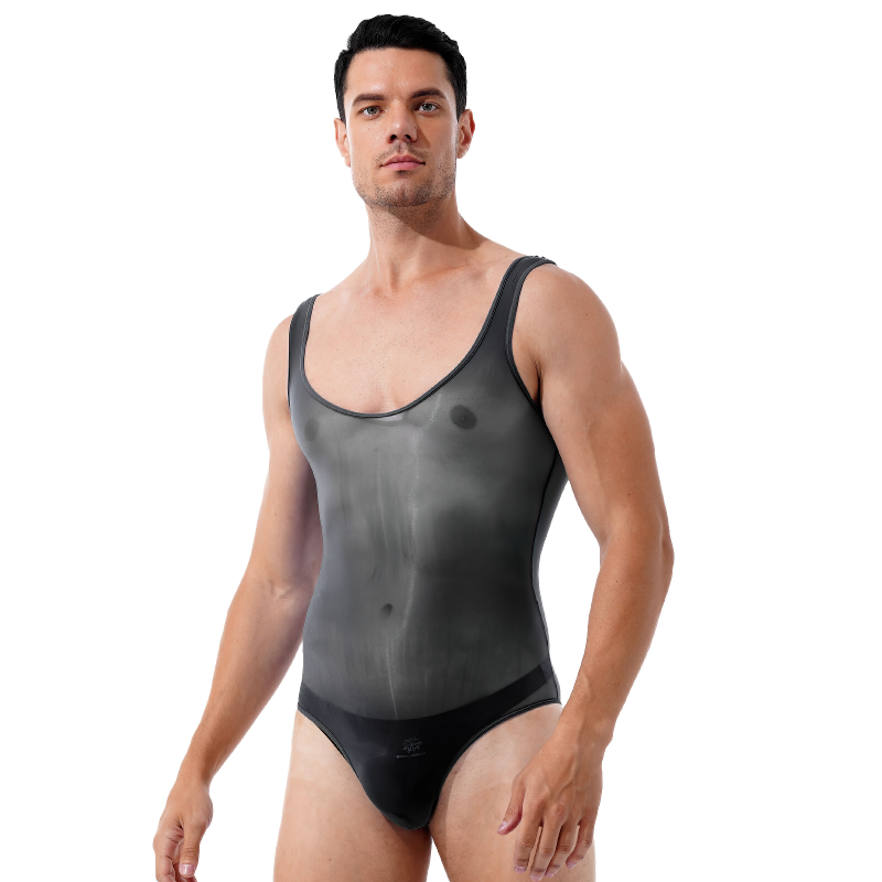 Men's Glossy Breathable Scoop Neck Swimsuit / Sleeveless See-Through Nylon Bodysuit Underwear - EVE's SECRETS