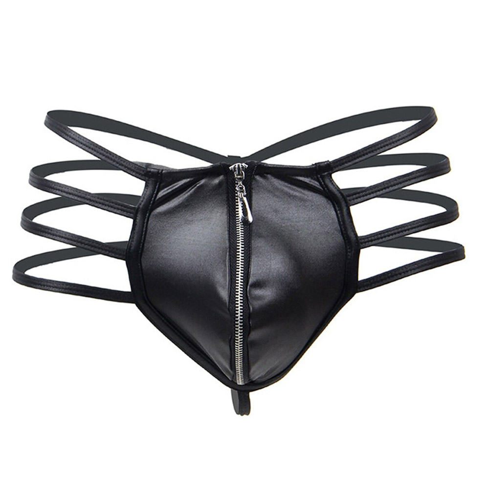 Men's Low Waist PU Leather G-string Briefs / Sexy Hollow Out Open Butt Zipper Thong Underwear - EVE's SECRETS