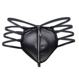 Herren-Slips aus PU-Leder mit niedrigem Bund und G-String / Sexy, ausgehöhlter, offener Hintern und Reißverschluss, Tanga-Unterwäsche