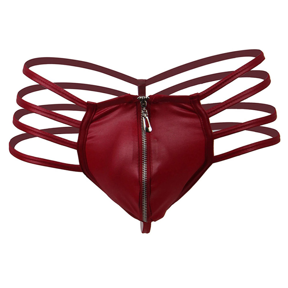 Men's Low Waist PU Leather G-string Briefs / Sexy Hollow Out Open Butt Zipper Thong Underwear - EVE's SECRETS