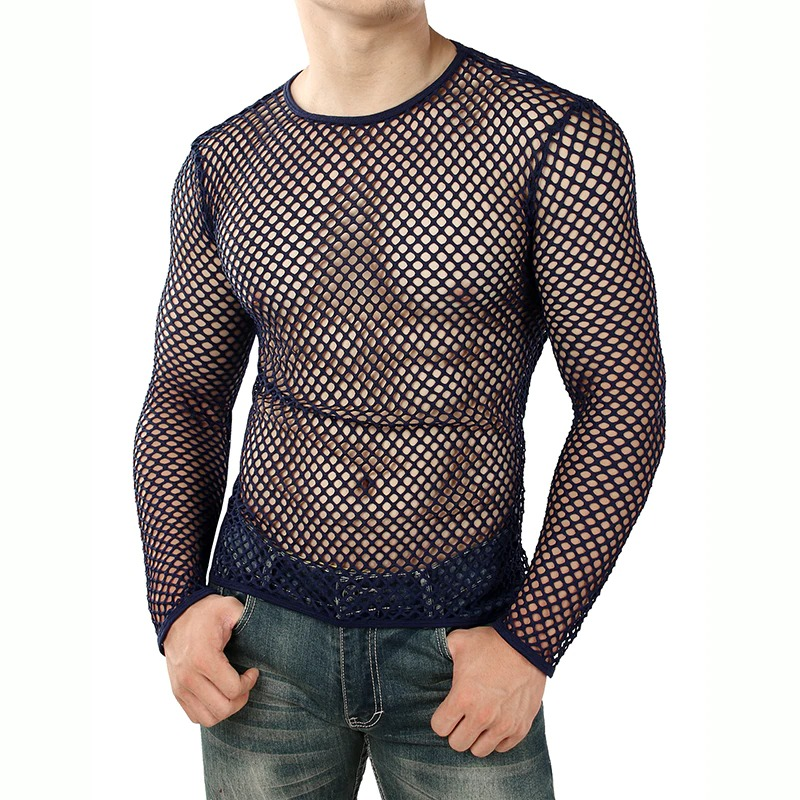 Men's Mesh Long Sleeve O-Neck Summer Top / Sexy Fishnet See Through Clubwear - EVE's SECRETS