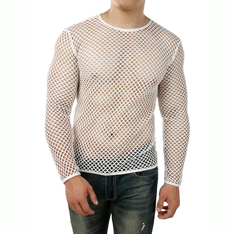 Men's Mesh Long Sleeve O-Neck Summer Top / Sexy Fishnet See Through Clubwear - EVE's SECRETS