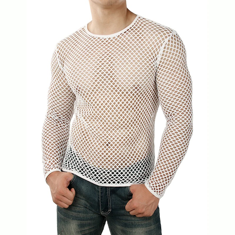 Men's Mesh Long Sleeve O-Neck Summer Top / Sexy Fishnet See Through Clubwear - EVE's SECRETS