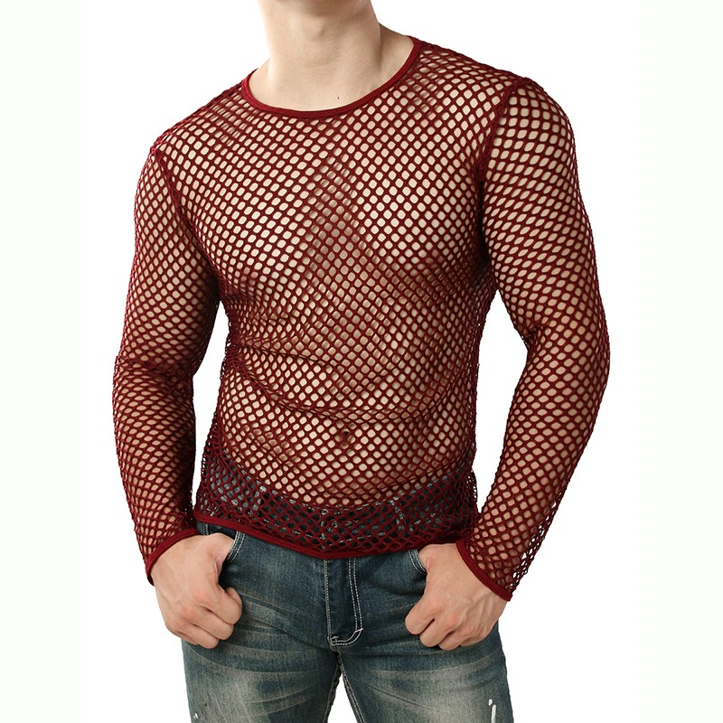 Men's Mesh Long Sleeve O-Neck Summer Top / Sexy Fishnet See Through Clubwear - EVE's SECRETS
