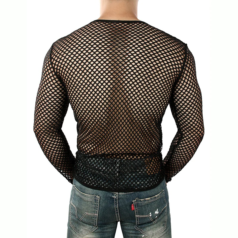 Men's Mesh Long Sleeve O-Neck Summer Top / Sexy Fishnet See Through Clubwear - EVE's SECRETS