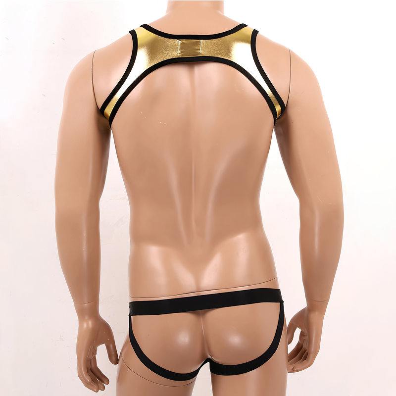 Men's One-Piece Shiny Metallic Underwear / Wide Shoulder Strap Bulge Pouch Male Rave Clubwear - EVE's SECRETS