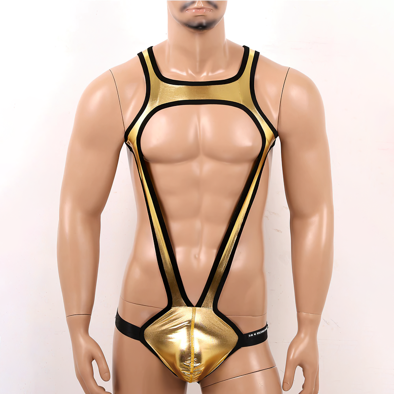 Men's One-Piece Shiny Metallic Underwear / Wide Shoulder Strap Bulge Pouch Male Rave Clubwear - EVE's SECRETS