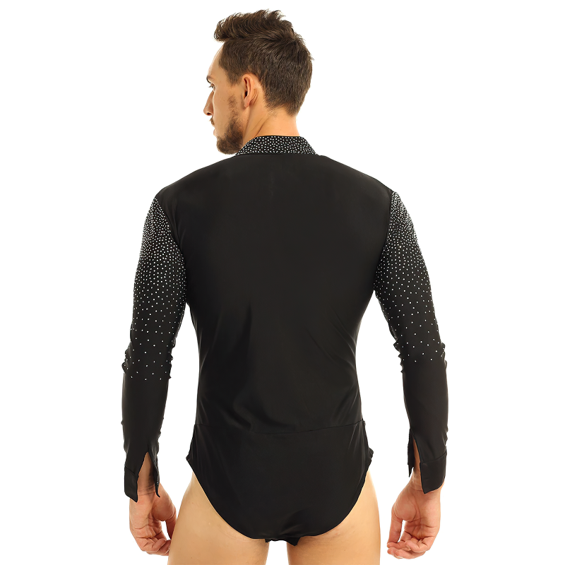Men's One-Piece Shiny Rhinestones Leotard Bodysuit / Long Sleeve V-Neck Latin Tango Costume - EVE's SECRETS