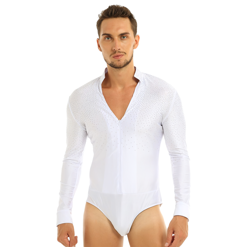 Men's One-Piece Shiny Rhinestones Leotard Bodysuit / Long Sleeve V-Neck Latin Tango Costume - EVE's SECRETS