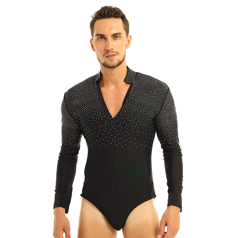 Men's One-Piece Shiny Rhinestones Leotard Bodysuit / Long Sleeve V-Neck Latin Tango Costume - EVE's SECRETS