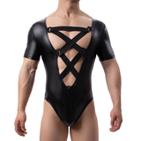 Men's Plunge Bodysuit with Criss-cross Chest Straps / Sexy Black Short Sleeve Leotard - EVE's SECRETS