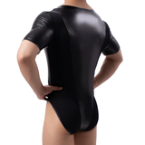 Men's Plunge Bodysuit with Criss-cross Chest Straps / Sexy Black Short Sleeve Leotard - EVE's SECRETS