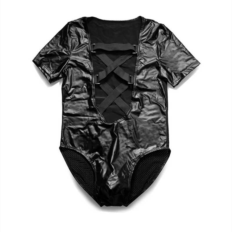 Men's Plunge Bodysuit with Criss-cross Chest Straps / Sexy Black Short Sleeve Leotard - EVE's SECRETS