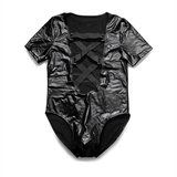 Men's Plunge Bodysuit with Criss-cross Chest Straps / Sexy Black Short Sleeve Leotard - EVE's SECRETS