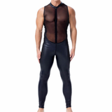 Herren-Overall aus PU-Leder und Mesh-Patchwork / Sexy männlicher, schwarzer, ärmelloser Body mit Reißverschluss