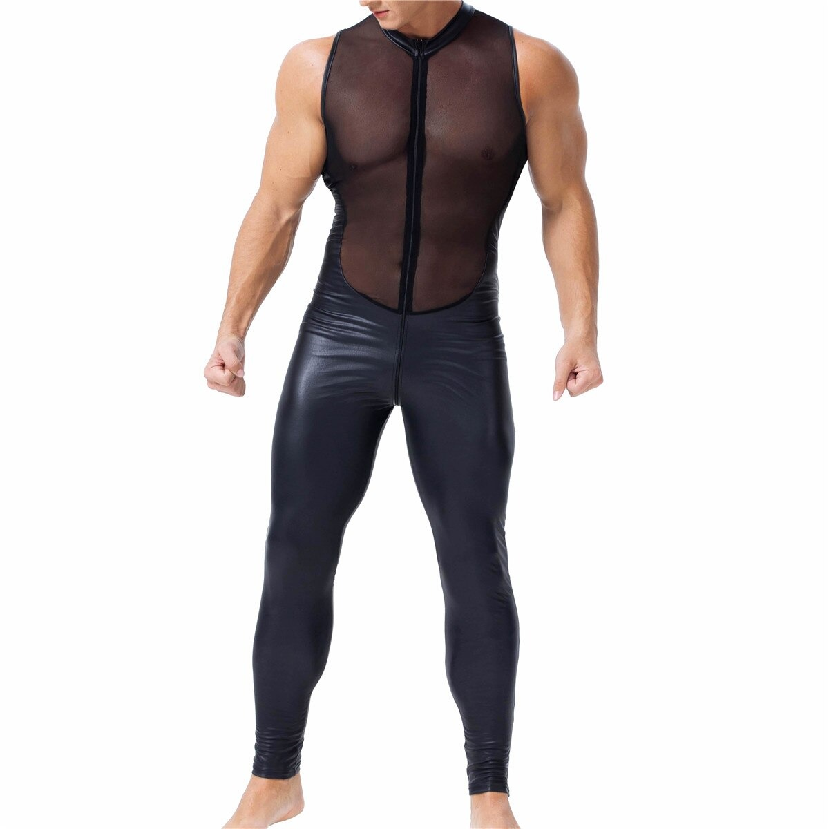 Men's PU Leather and Mesh Patchwork Jumpsuit / Sexy Male Black Zipper Sleeveless Bodysuits - EVE's SECRETS