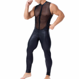 Men's PU Leather and Mesh Patchwork Jumpsuit / Sexy Male Black Zipper Sleeveless Bodysuits - EVE's SECRETS