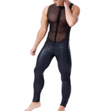 Men's PU Leather and Mesh Patchwork Jumpsuit / Sexy Male Black Zipper Sleeveless Bodysuits - EVE's SECRETS