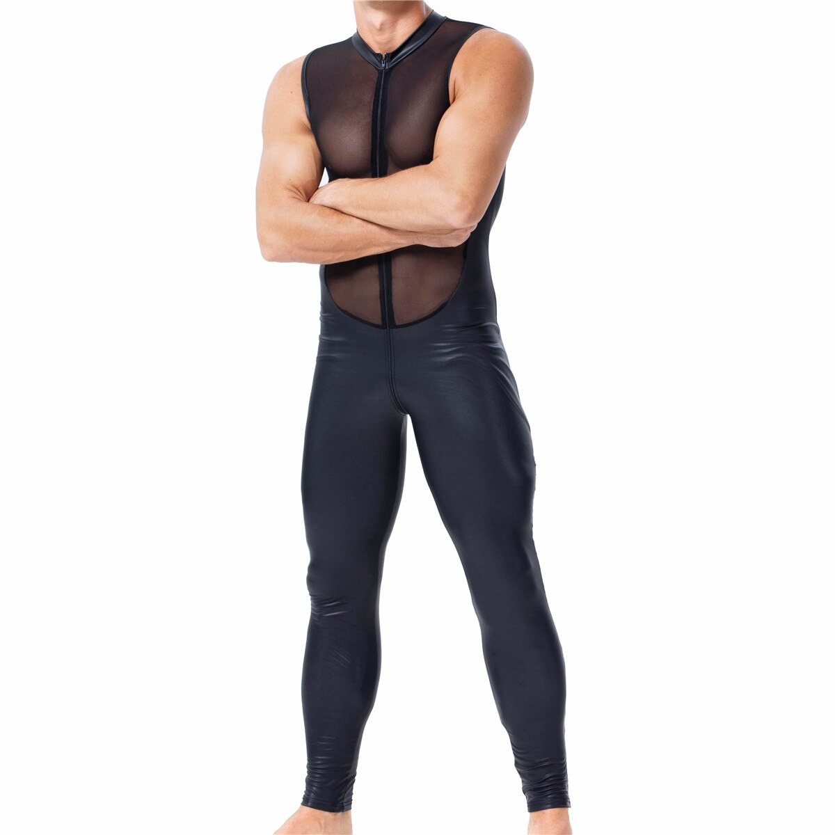 Men's PU Leather and Mesh Patchwork Jumpsuit / Sexy Male Black Zipper Sleeveless Bodysuits - EVE's SECRETS